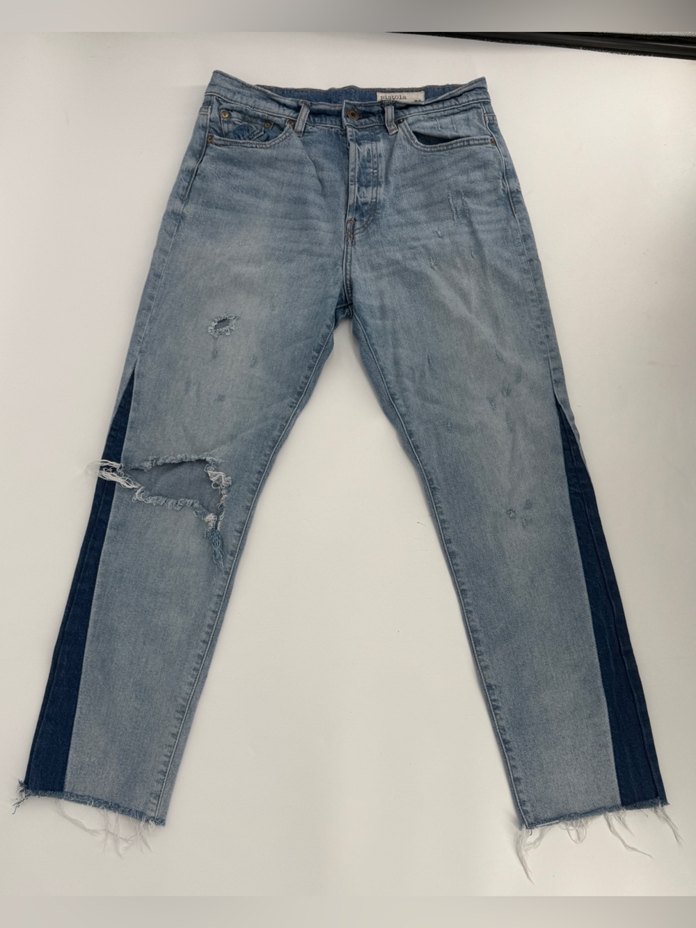 pistola Two-Toned Distressed Button Fly Raw Hem Straight Leg Jeans Size 29 Women